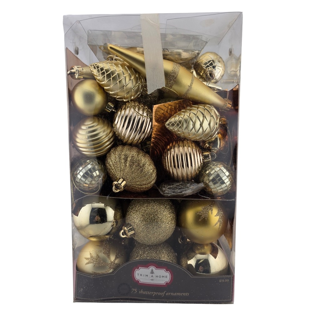 Trim A Home 75ct Shatterproof Christmas Ornaments Set Gold Good Holiday Decor
